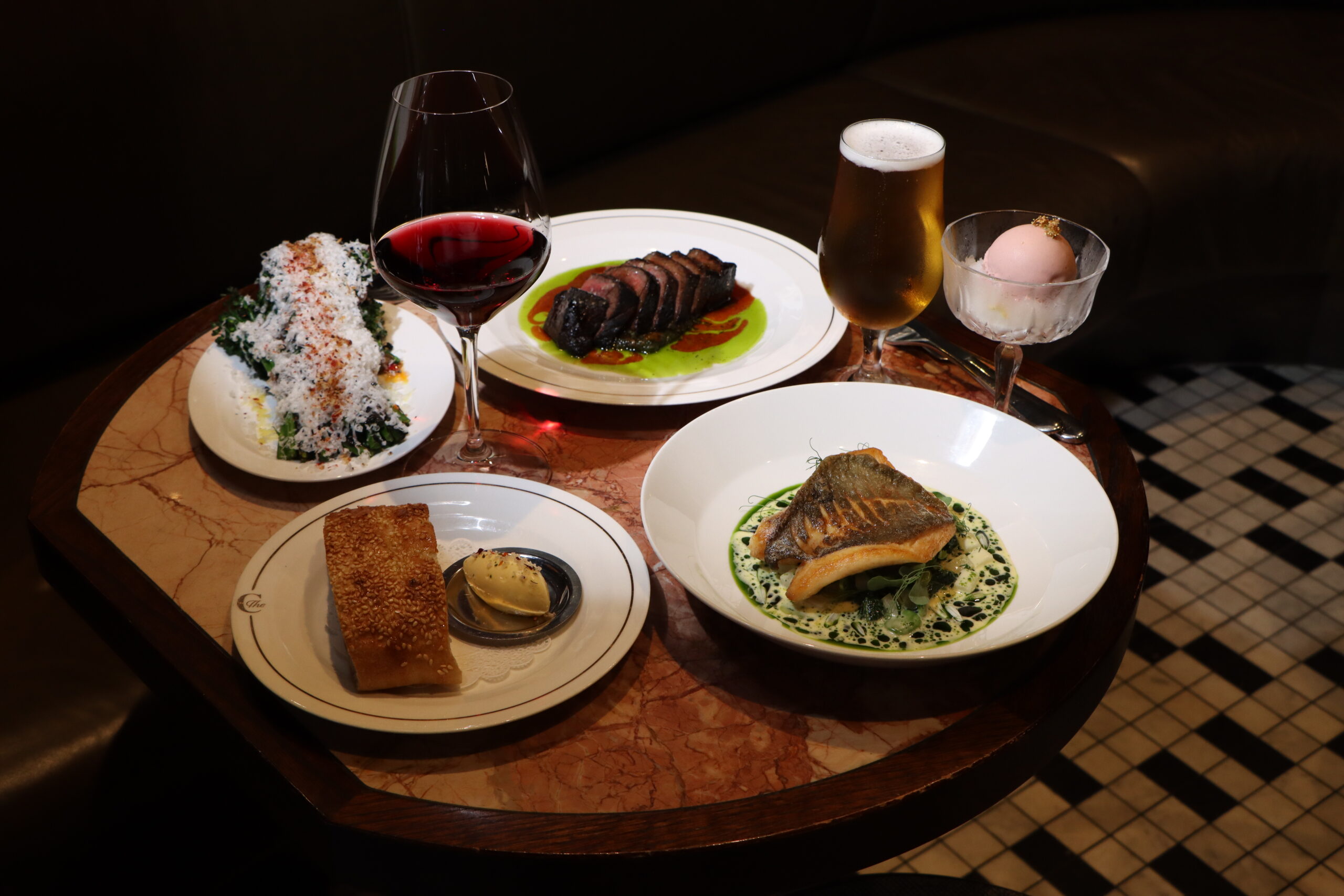 table with prix fixe dishes and drinks